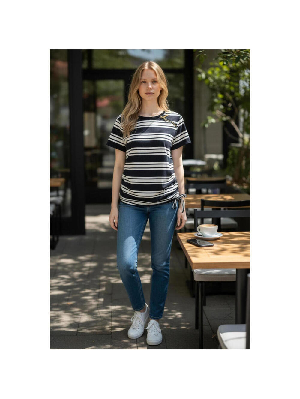 Michael Kors Top Womens L Navy White Striped Short Sleeve Gold Zip Ruched Side